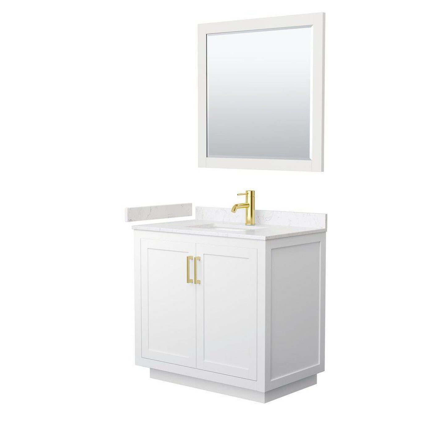 Wyndham Collection Miranda 36" Single Bathroom White Vanity Set With Light-Vein Carrara Cultured Marble Countertop, Undermount Square Sink, 34" Mirror And Brushed Gold Trim
