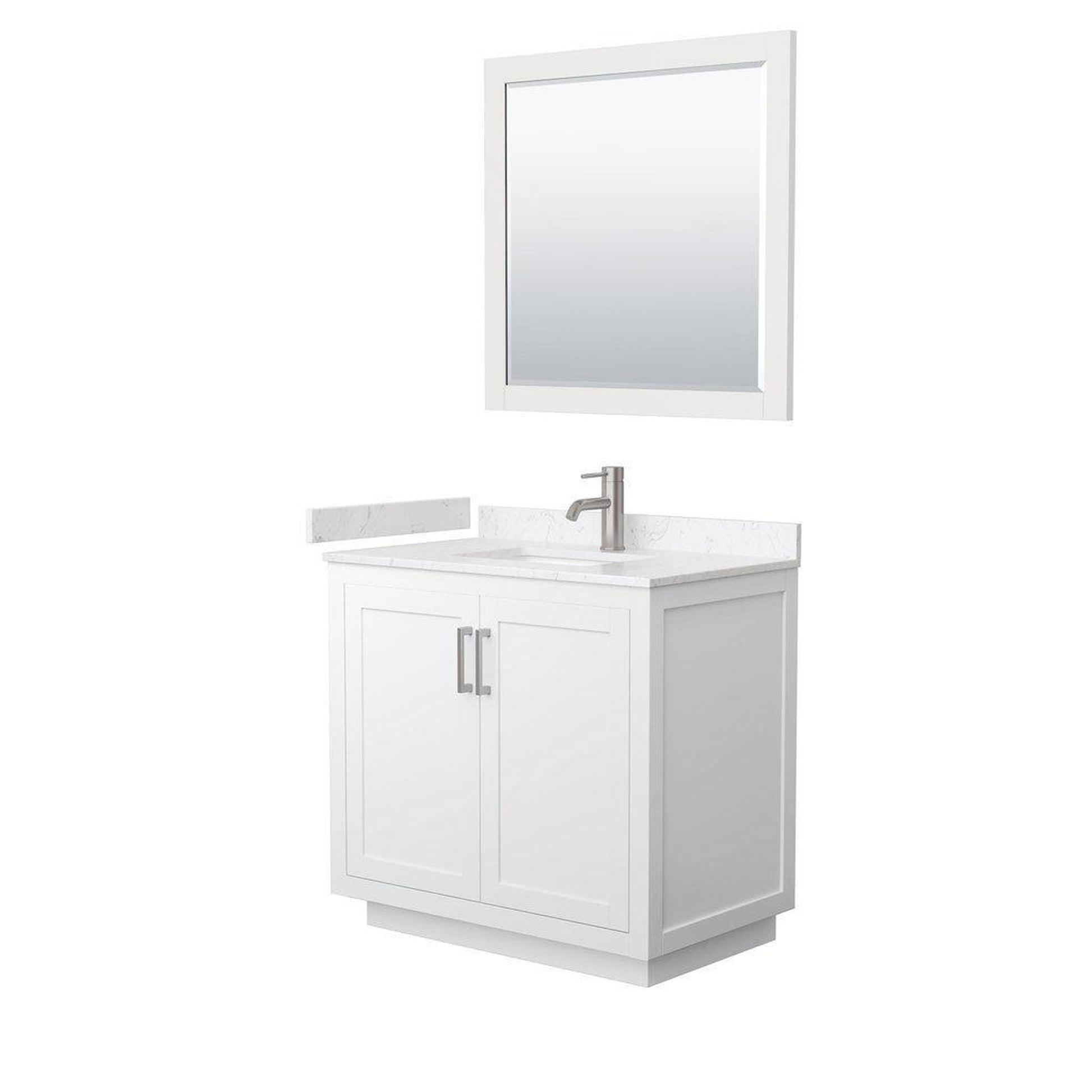 Wyndham Collection Miranda 36" Single Bathroom White Vanity Set With Light-Vein Carrara Cultured Marble Countertop, Undermount Square Sink, 34" Mirror And Brushed Nickel Trim