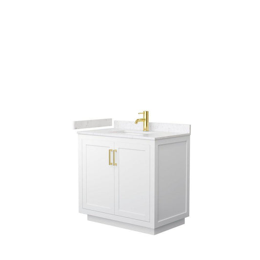 Wyndham Collection Miranda 36" Single Bathroom White Vanity Set With Light-Vein Carrara Cultured Marble Countertop, Undermount Square Sink, And Brushed Gold Trim