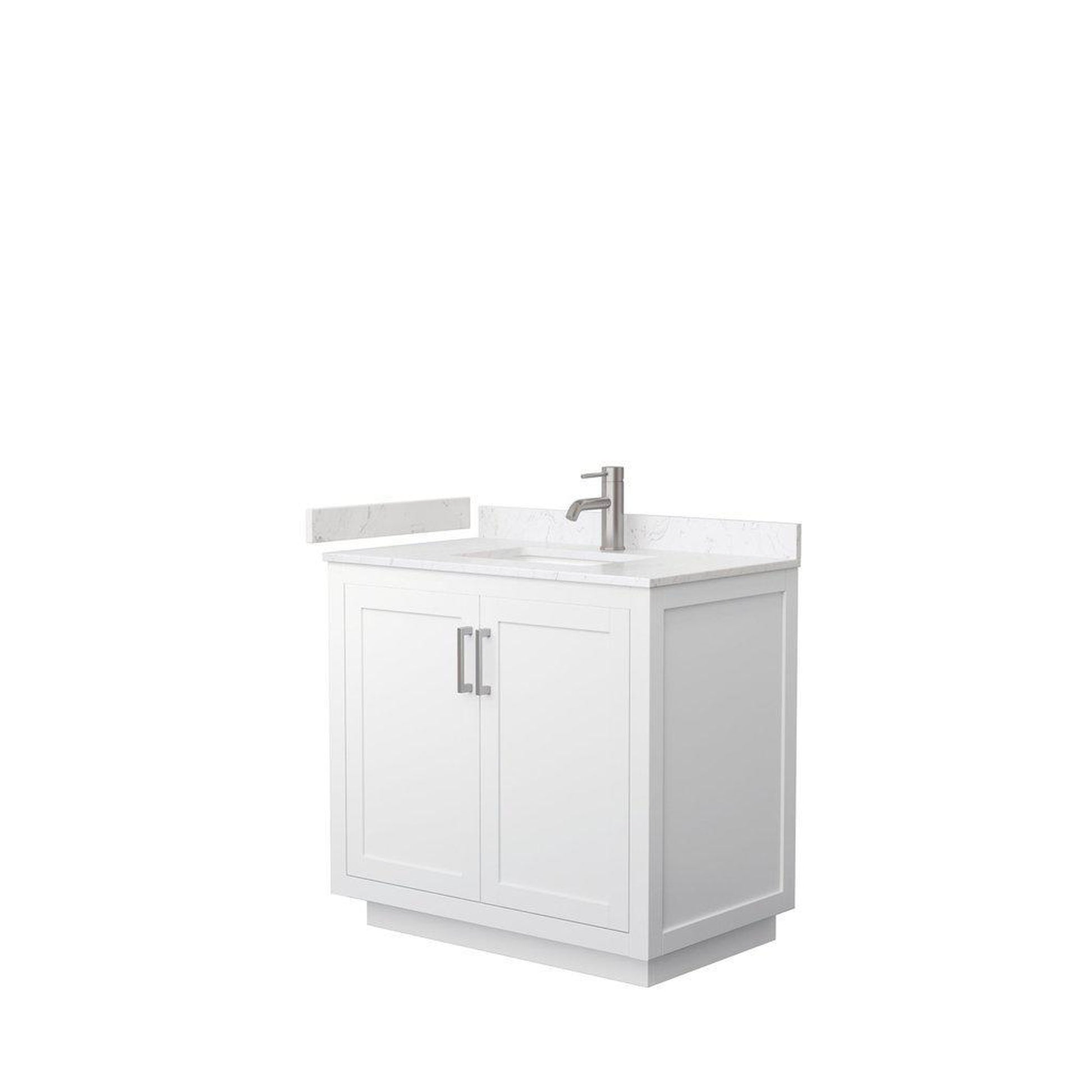 Wyndham Collection Miranda 36" Single Bathroom White Vanity Set With Light-Vein Carrara Cultured Marble Countertop, Undermount Square Sink, And Brushed Nickel Trim