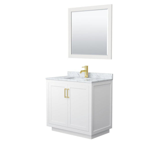 Wyndham Collection Miranda 36" Single Bathroom White Vanity Set With White Carrara Marble Countertop, Undermount Square Sink, 34" Mirror And Brushed Gold Trim