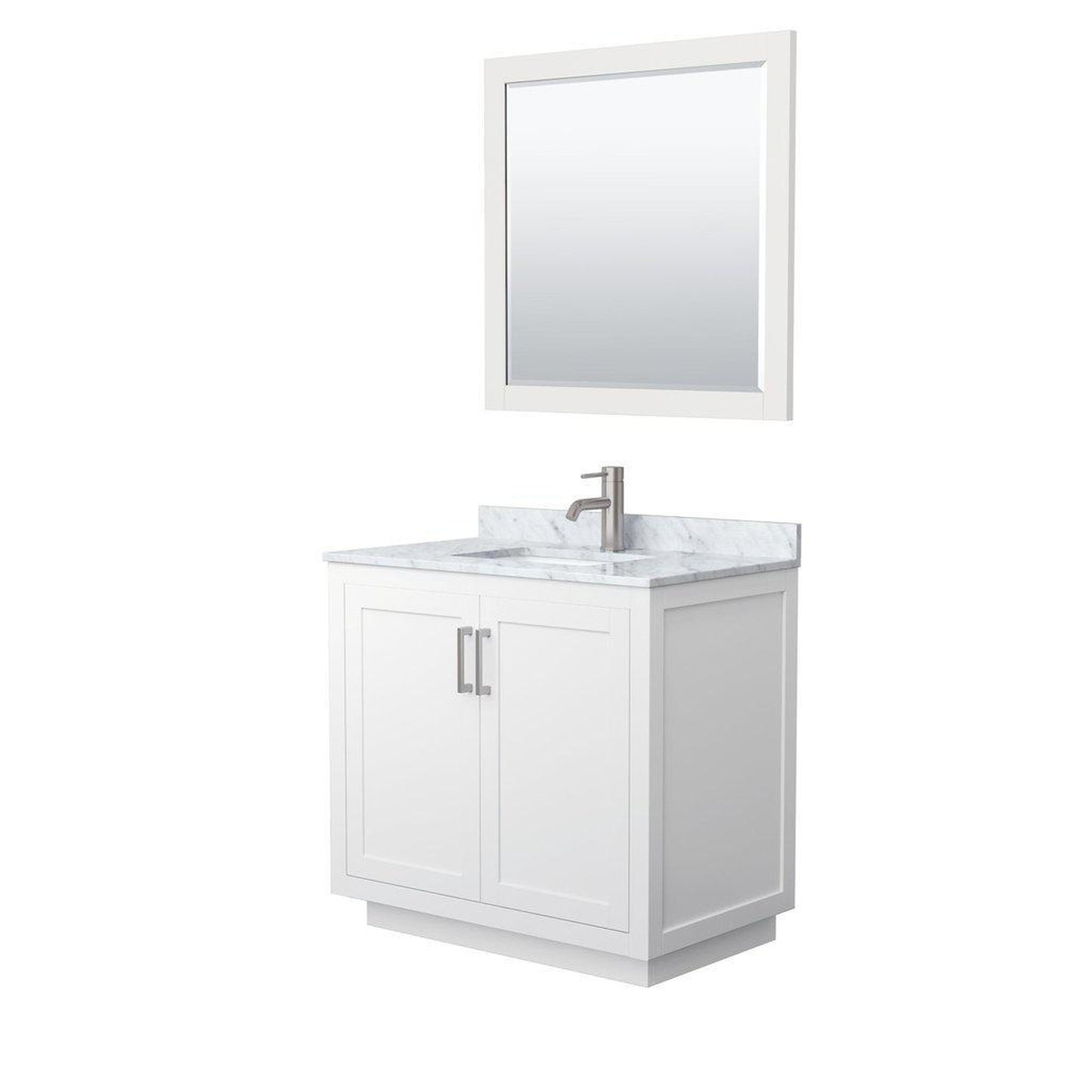 Wyndham Collection Miranda 36" Single Bathroom White Vanity Set With White Carrara Marble Countertop, Undermount Square Sink, 34" Mirror And Brushed Nickel Trim
