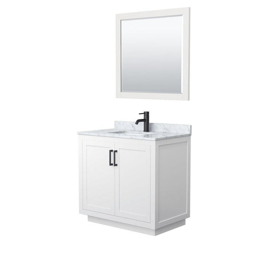 Wyndham Collection Miranda 36" Single Bathroom White Vanity Set With White Carrara Marble Countertop, Undermount Square Sink, 34" Mirror And Matte Black Trim