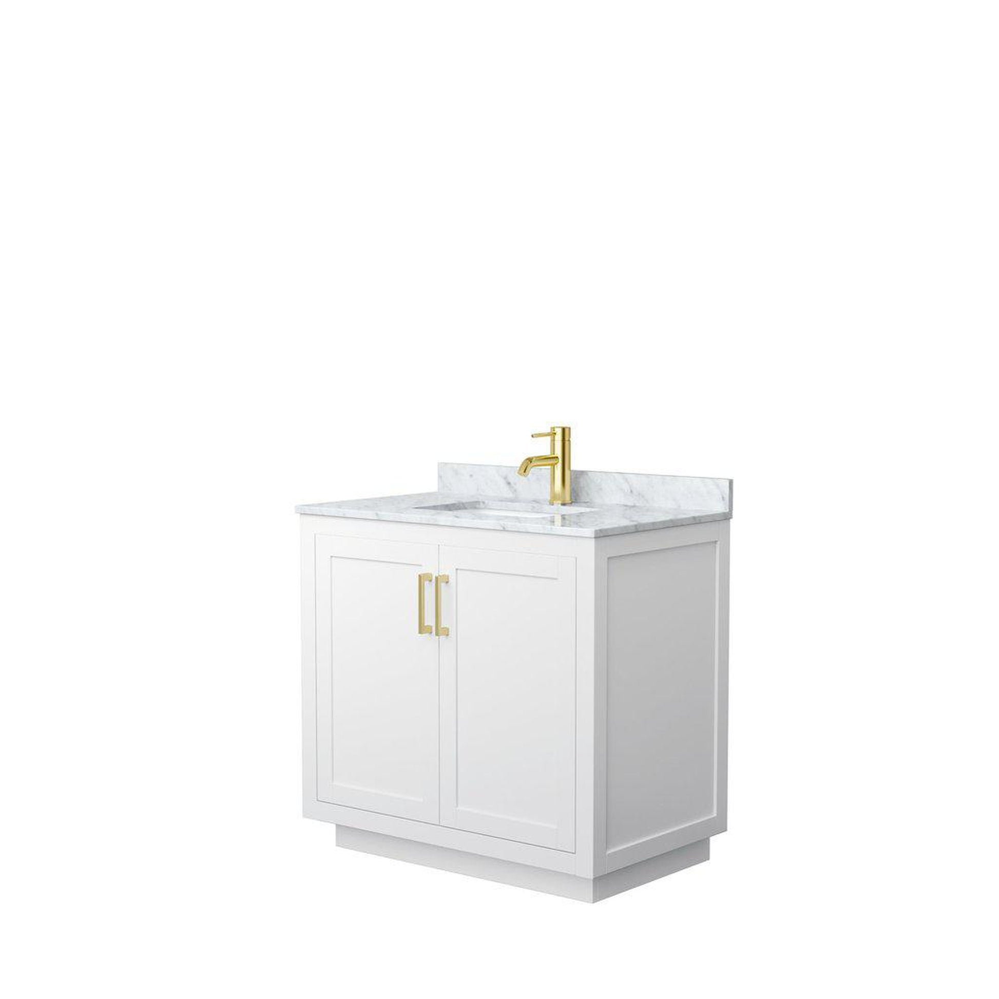Wyndham Collection Miranda 36" Single Bathroom White Vanity Set With White Carrara Marble Countertop, Undermount Square Sink, And Brushed Gold Trim