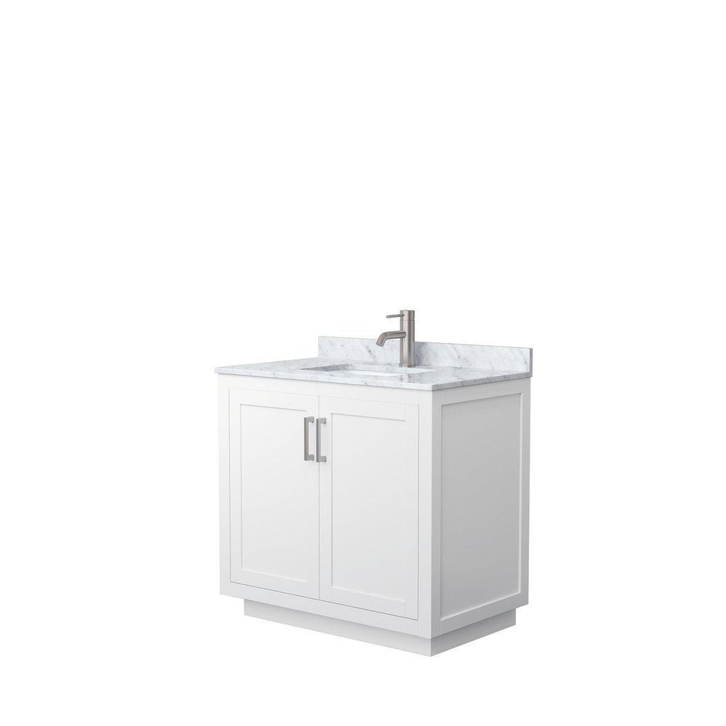 Wyndham Collection Miranda 36" Single Bathroom White Vanity Set With White Carrara Marble Countertop, Undermount Square Sink, And Brushed Nickel Trim