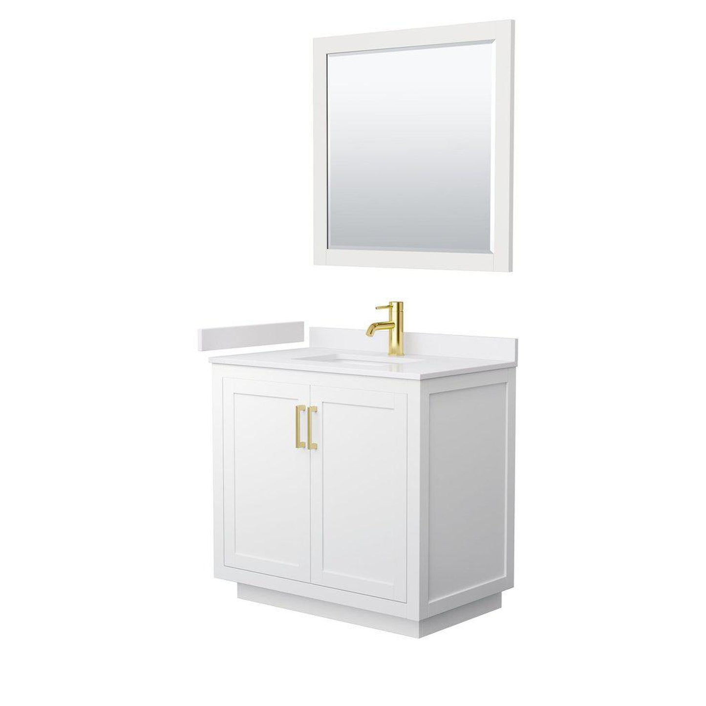 Wyndham Collection Miranda 36" Single Bathroom White Vanity Set With White Cultured Marble Countertop, Undermount Square Sink, 34" Mirror And Brushed Gold Trim