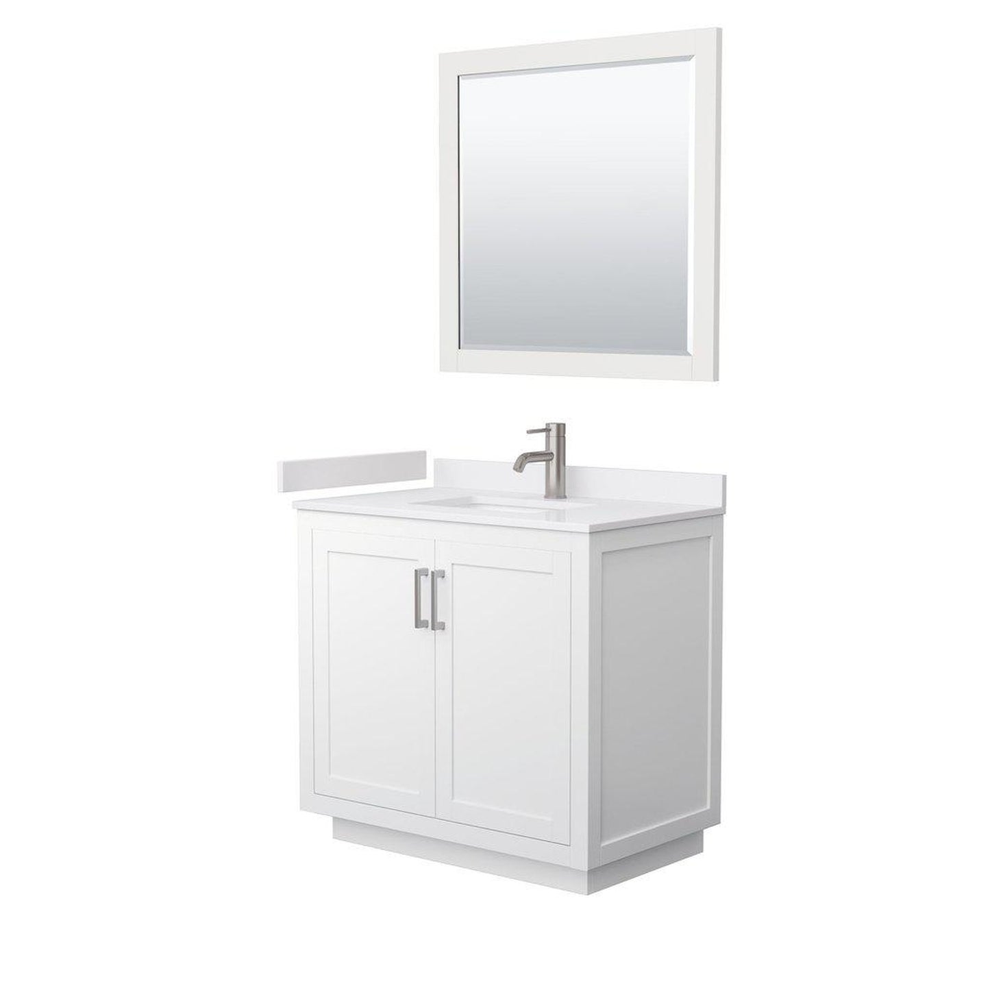 Wyndham Collection Miranda 36" Single Bathroom White Vanity Set With White Cultured Marble Countertop, Undermount Square Sink, 34" Mirror And Brushed Nickel Trim