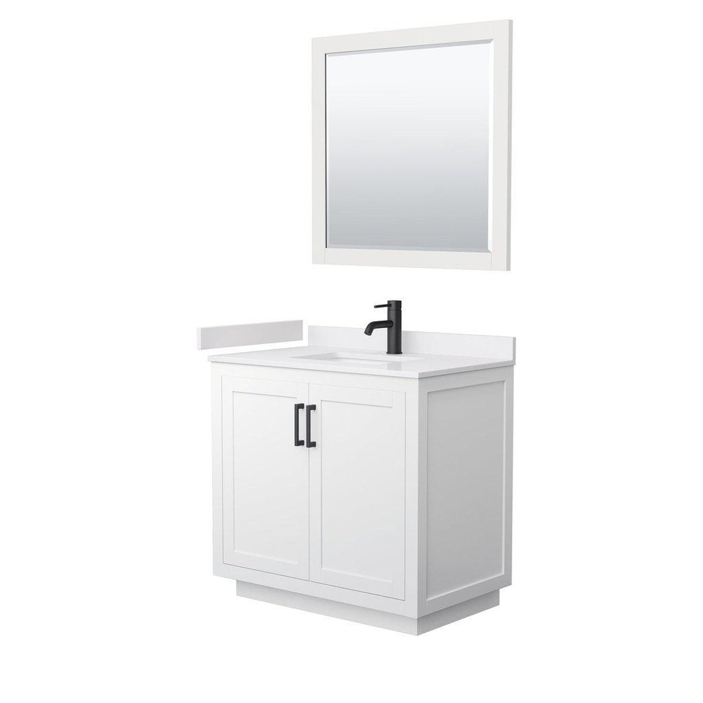 Wyndham Collection Miranda 36" Single Bathroom White Vanity Set With White Cultured Marble Countertop, Undermount Square Sink, 34" Mirror And Matte Black Trim