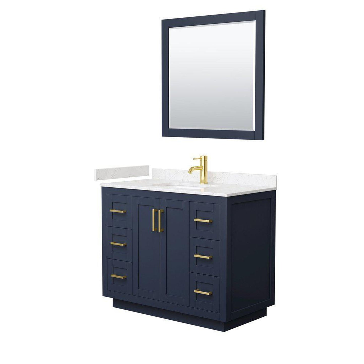 Wyndham Collection Miranda 42" Single Bathroom Dark Blue Vanity Set With Light-Vein Carrara Cultured Marble Countertop, Undermount Square Sink, 34" Mirror And Brushed Gold Trim