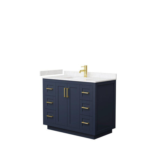 Wyndham Collection Miranda 42" Single Bathroom Dark Blue Vanity Set With Light-Vein Carrara Cultured Marble Countertop, Undermount Square Sink, And Brushed Gold Trim