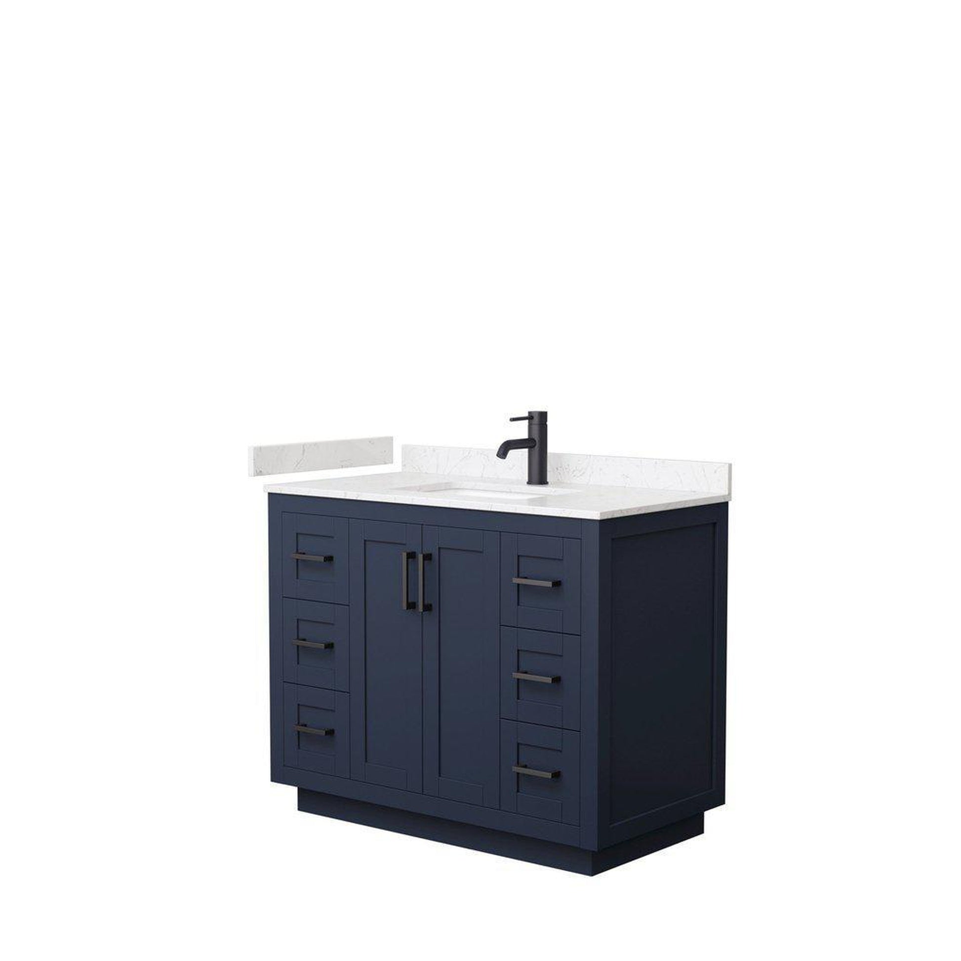 Wyndham Collection Miranda 42" Single Bathroom Dark Blue Vanity Set With Light-Vein Carrara Cultured Marble Countertop, Undermount Square Sink, And Matte Black Trim