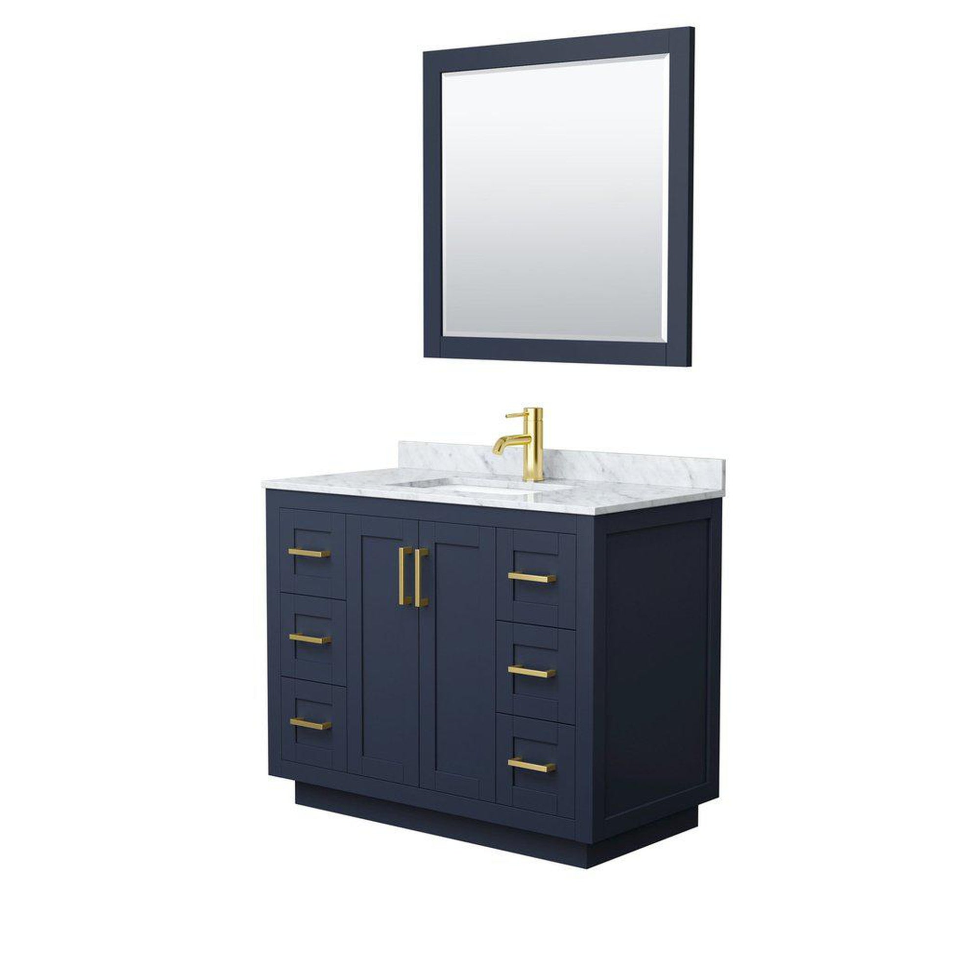 Wyndham Collection Miranda 42" Single Bathroom Dark Blue Vanity Set With White Carrara Marble Countertop, Undermount Square Sink, 34" Mirror And Brushed Gold Trim