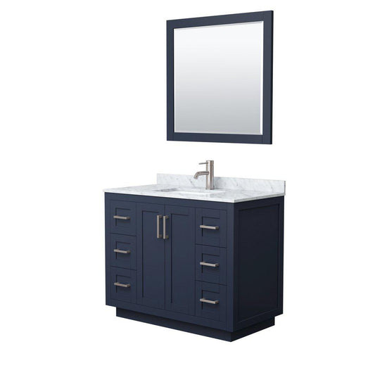 Wyndham Collection Miranda 42" Single Bathroom Dark Blue Vanity Set With White Carrara Marble Countertop, Undermount Square Sink, 34" Mirror And Brushed Nickel Trim