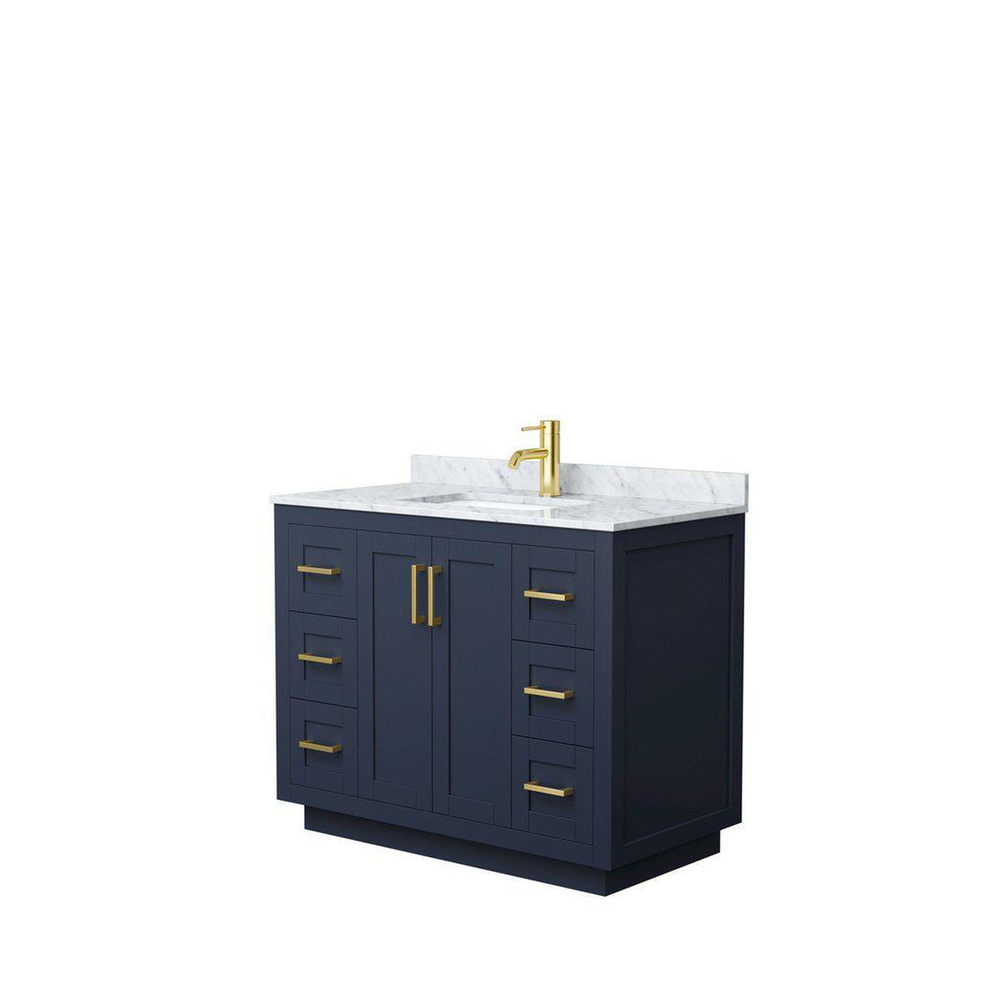 Wyndham Collection Miranda 42" Single Bathroom Dark Blue Vanity Set With White Carrara Marble Countertop, Undermount Square Sink, And Brushed Gold Trim