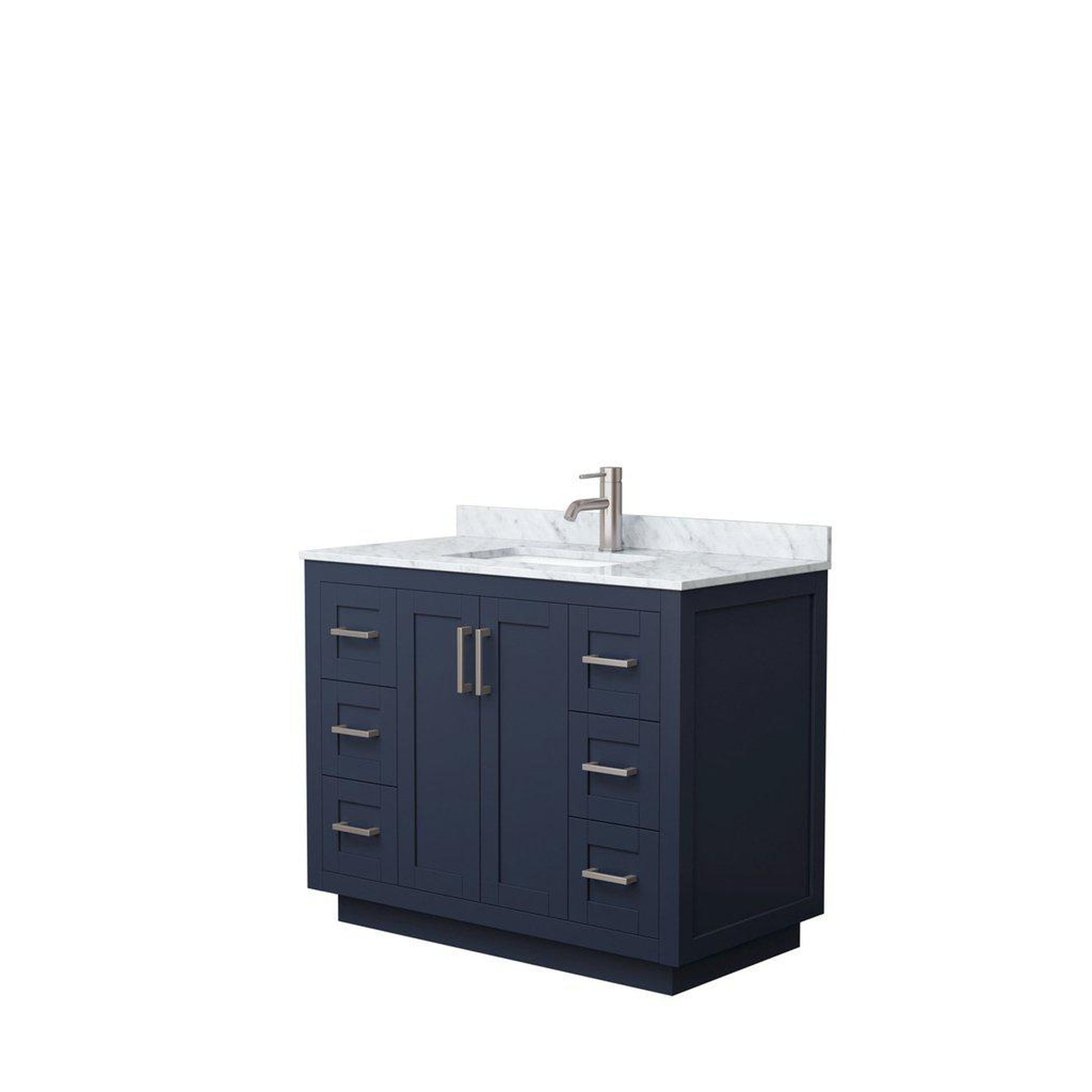 Wyndham Collection Miranda 42" Single Bathroom Dark Blue Vanity Set With White Carrara Marble Countertop, Undermount Square Sink, And Brushed Nickel Trim