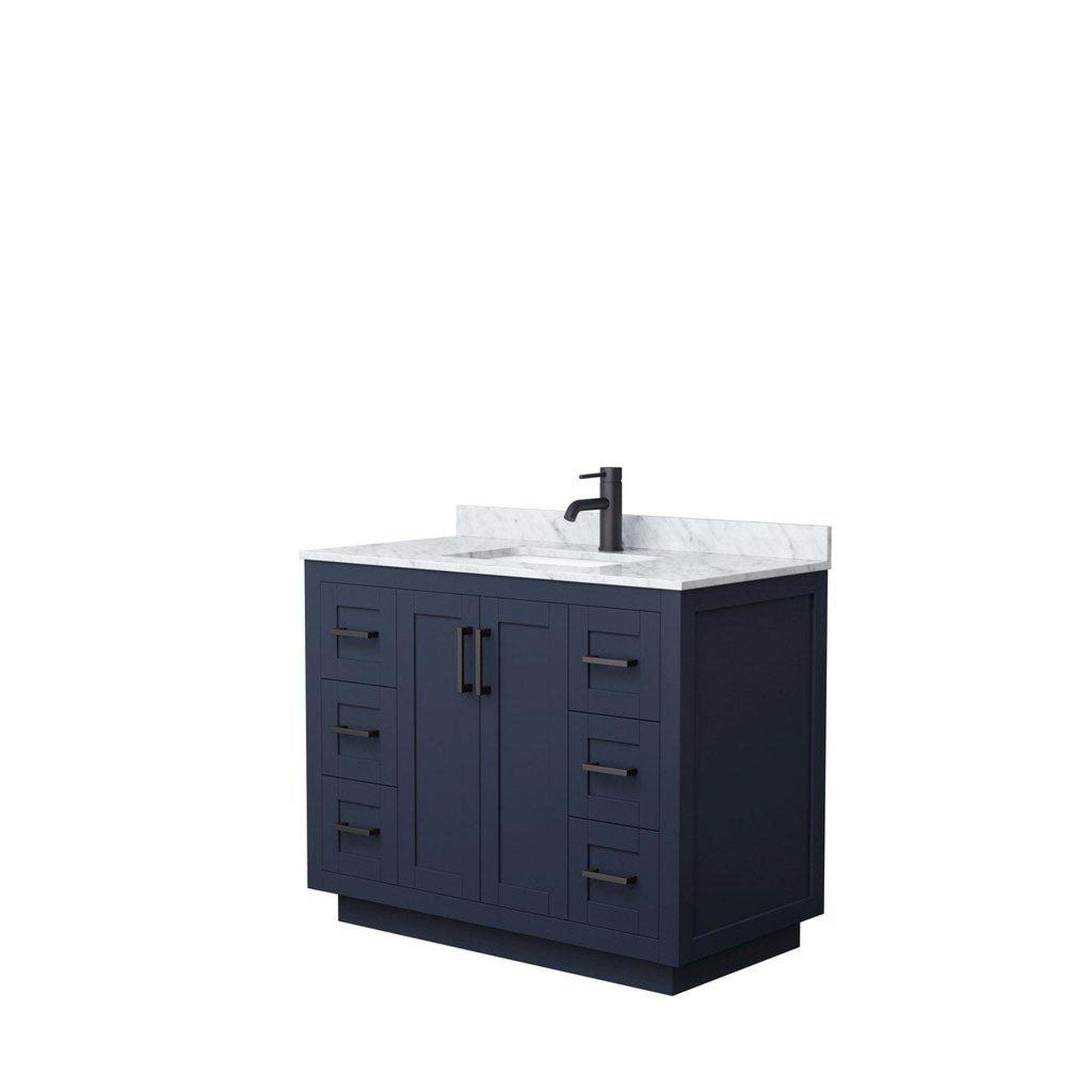 Wyndham Collection Miranda 42" Single Bathroom Dark Blue Vanity Set With White Carrara Marble Countertop, Undermount Square Sink, And Matte Black Trim