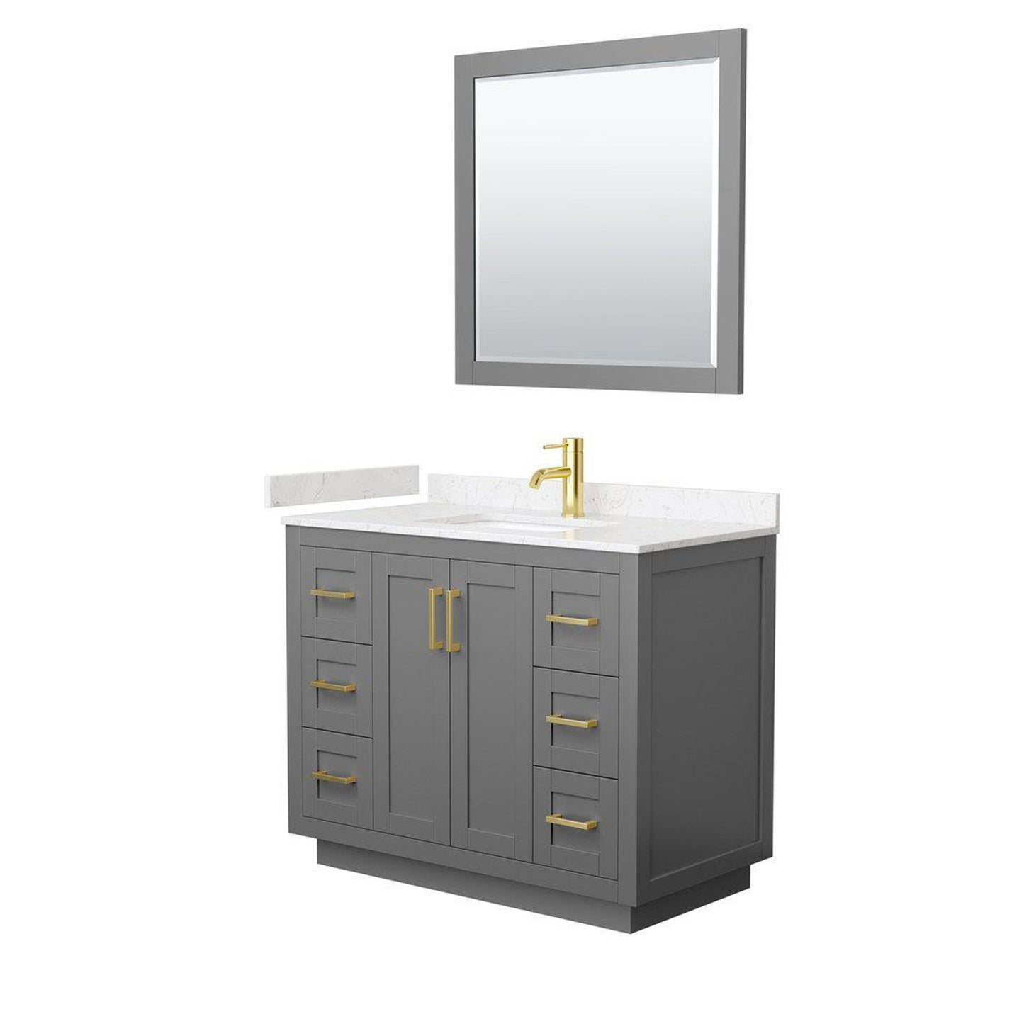 Wyndham Collection Miranda 42" Single Bathroom Dark Gray Vanity Set With Light-Vein Carrara Cultured Marble Countertop, Undermount Square Sink, 34" Mirror And Brushed Gold Trim