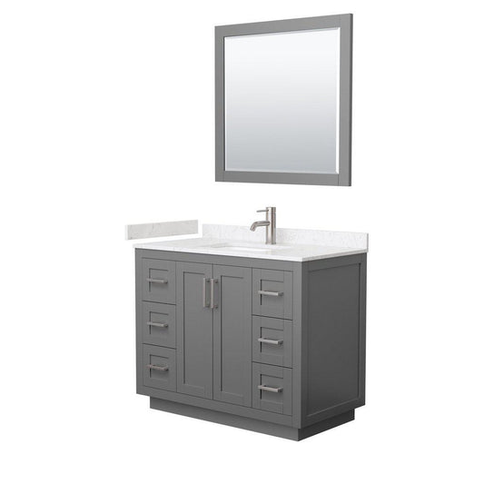 Wyndham Collection Miranda 42" Single Bathroom Dark Gray Vanity Set With Light-Vein Carrara Cultured Marble Countertop, Undermount Square Sink, 34" Mirror And Brushed Nickel Trim