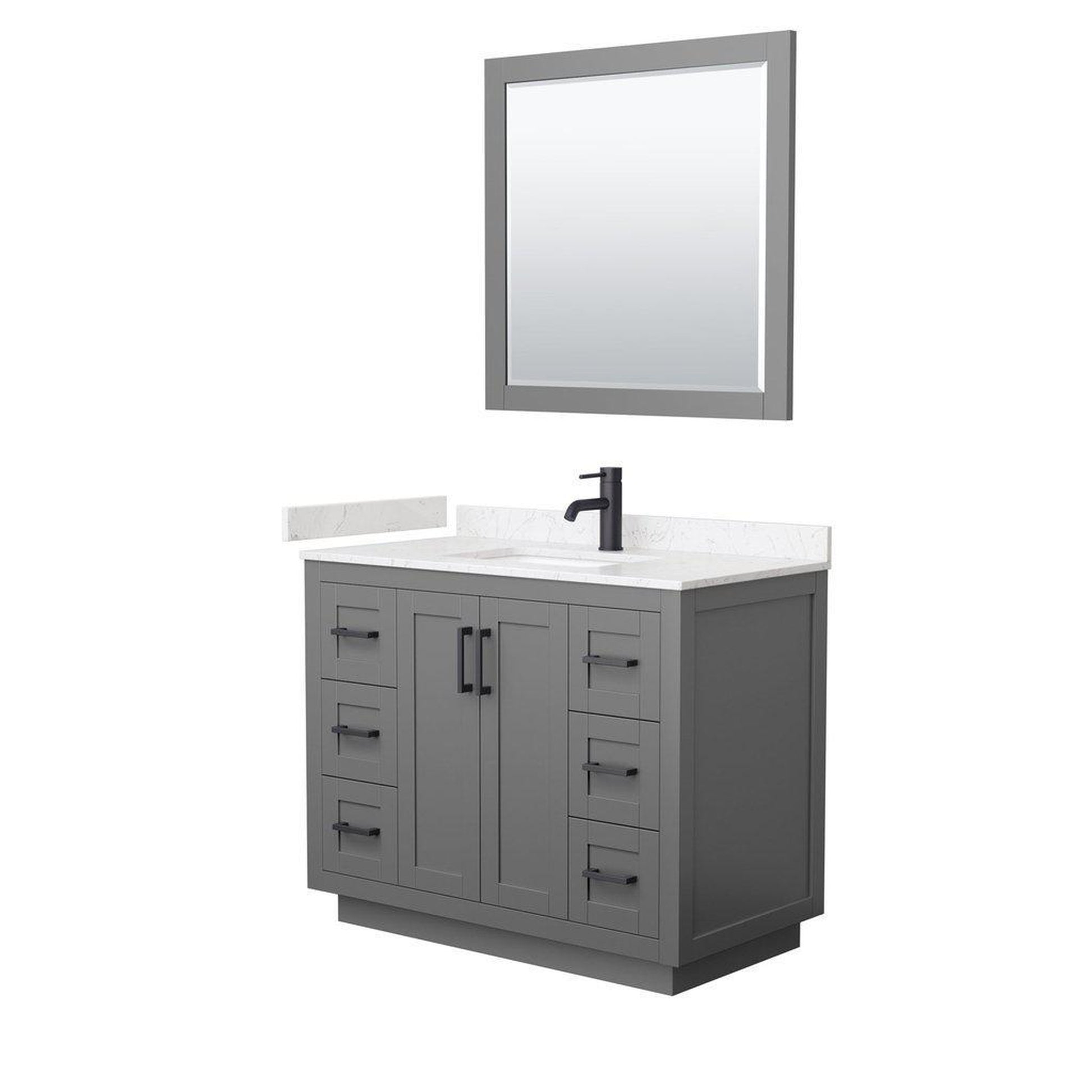 Wyndham Collection Miranda 42" Single Bathroom Dark Gray Vanity Set With Light-Vein Carrara Cultured Marble Countertop, Undermount Square Sink, 34" Mirror And Matte Black Trim