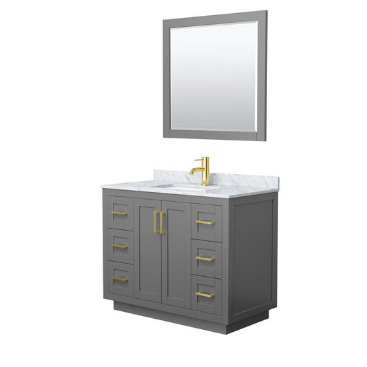 Wyndham Collection Miranda 42" Single Bathroom Dark Gray Vanity Set With White Carrara Marble Countertop, Undermount Square Sink, 34" Mirror And Brushed Gold Trim