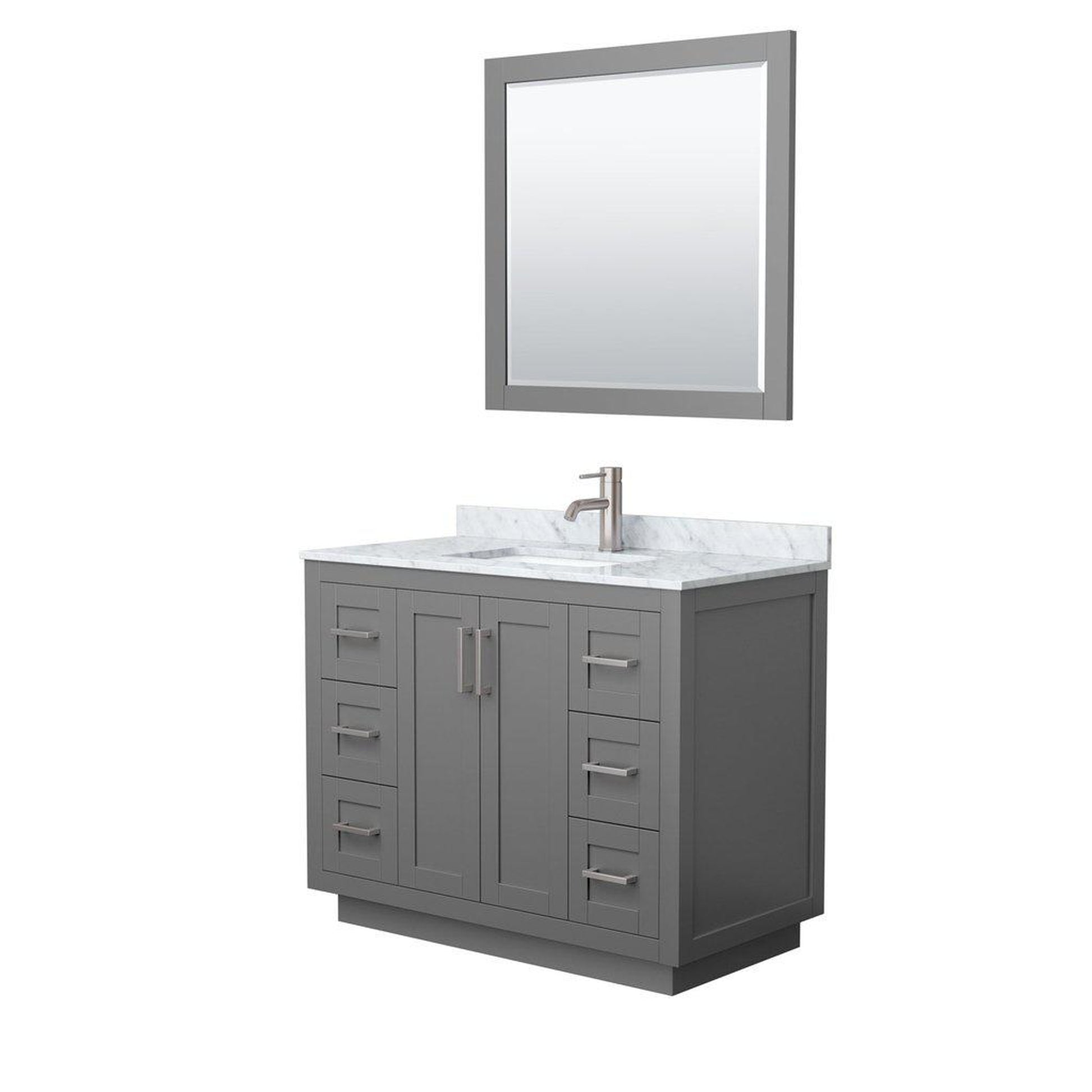 Wyndham Collection Miranda 42" Single Bathroom Dark Gray Vanity Set With White Carrara Marble Countertop, Undermount Square Sink, 34" Mirror And Brushed Nickel Trim