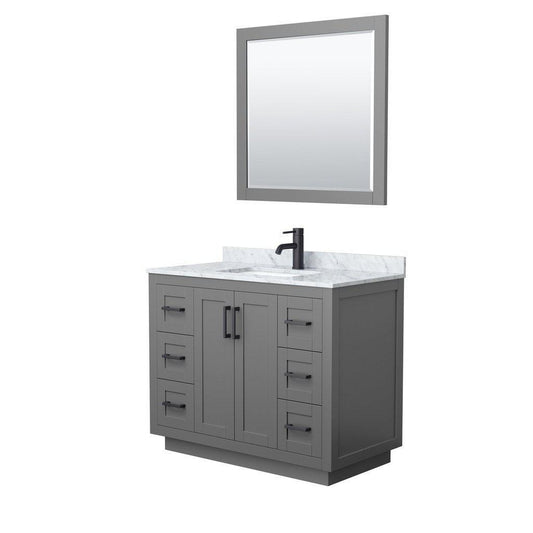 Wyndham Collection Miranda 42" Single Bathroom Dark Gray Vanity Set With White Carrara Marble Countertop, Undermount Square Sink, 34" Mirror And Matte Black Trim
