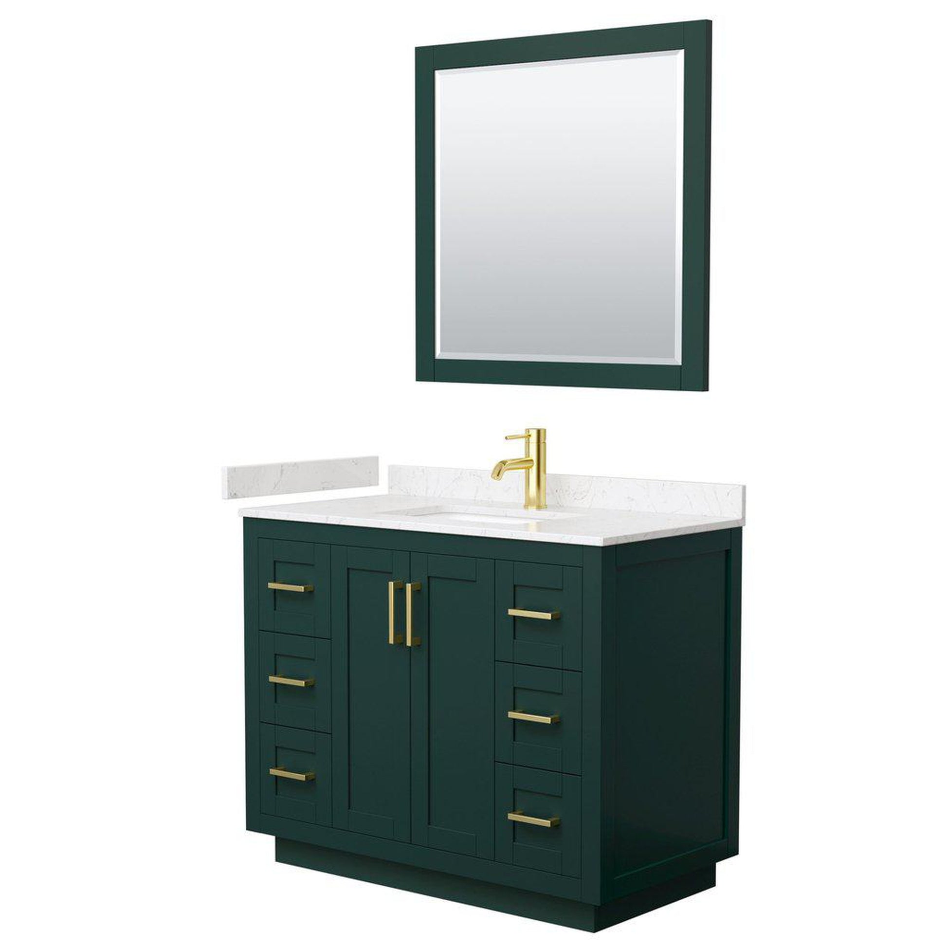 Wyndham Collection Miranda 42" Single Bathroom Green Vanity Set With Light-Vein Carrara Cultured Marble Countertop, Undermount Square Sink, 34" Mirror And Brushed Gold Trim