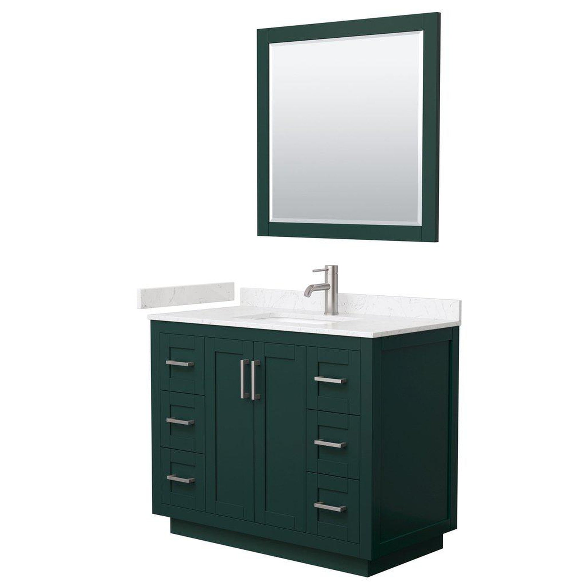 Wyndham Collection Miranda 42" Single Bathroom Green Vanity Set With Light-Vein Carrara Cultured Marble Countertop, Undermount Square Sink, 34" Mirror And Brushed Nickel Trim