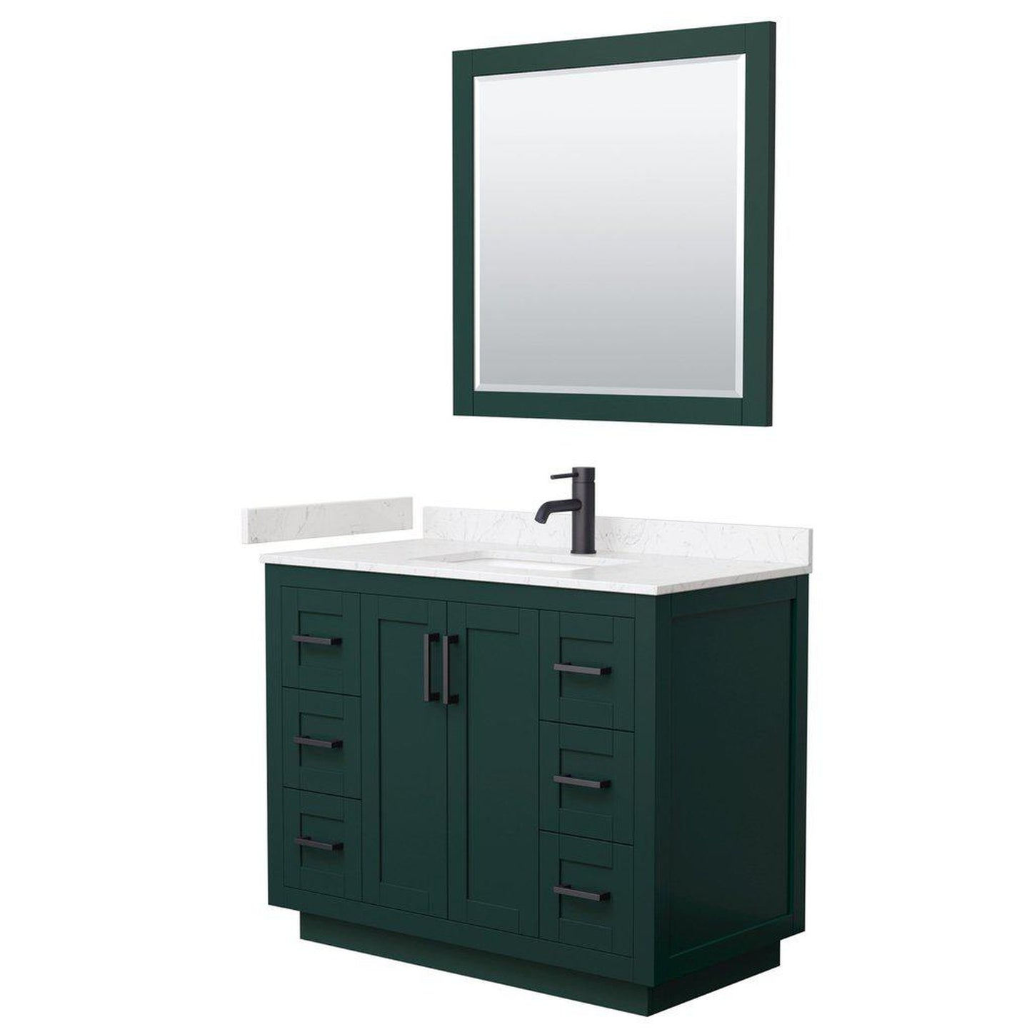 Wyndham Collection Miranda 42" Single Bathroom Green Vanity Set With Light-Vein Carrara Cultured Marble Countertop, Undermount Square Sink, 34" Mirror And Matte Black Trim