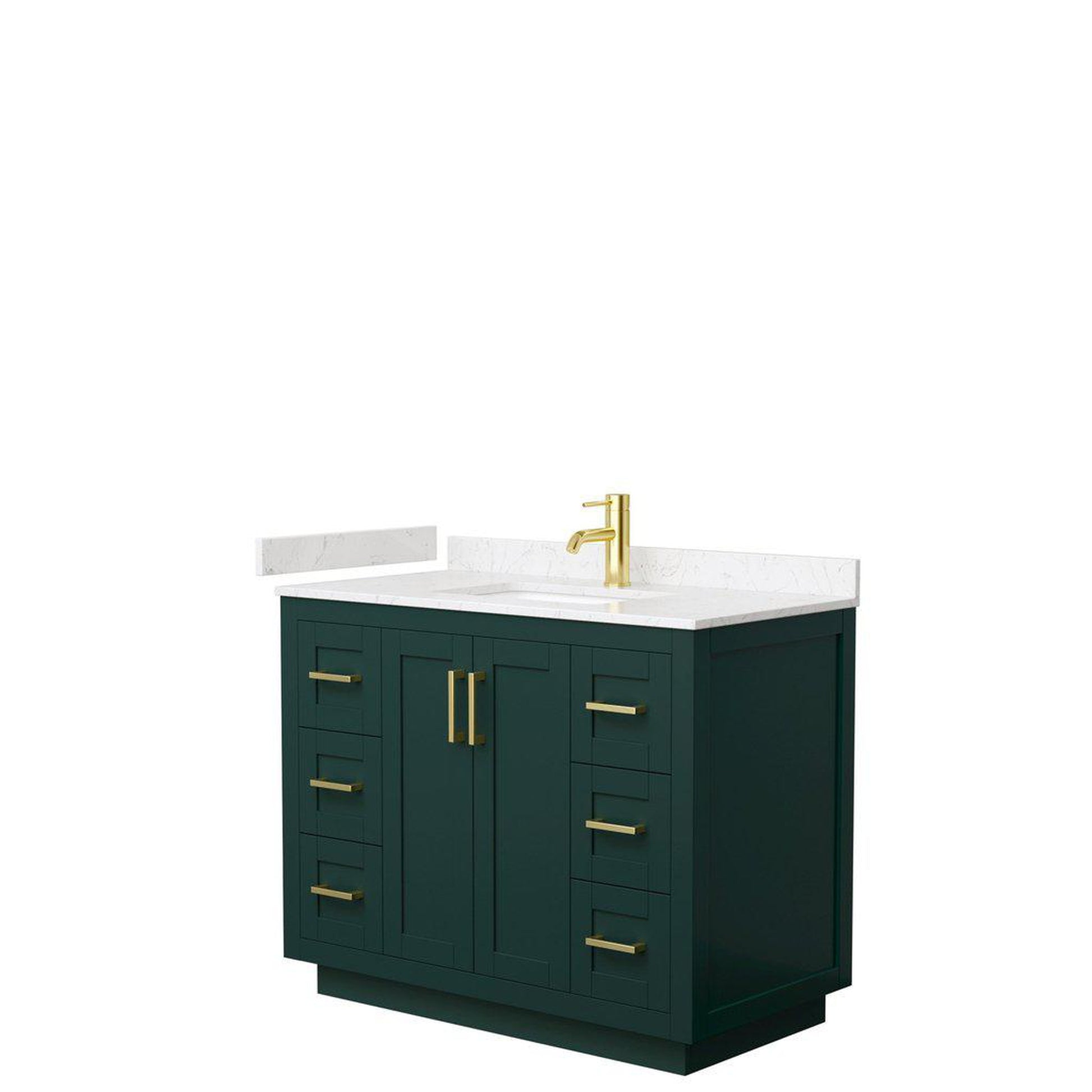 Wyndham Collection Miranda 42" Single Bathroom Green Vanity Set With Light-Vein Carrara Cultured Marble Countertop, Undermount Square Sink, And Brushed Gold Trim