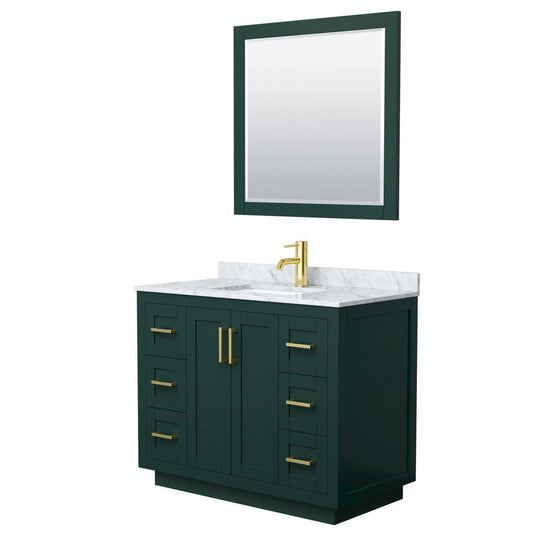 Wyndham Collection Miranda 42" Single Bathroom Green Vanity Set With White Carrara Marble Countertop, Undermount Square Sink, 34" Mirror And Brushed Gold Trim