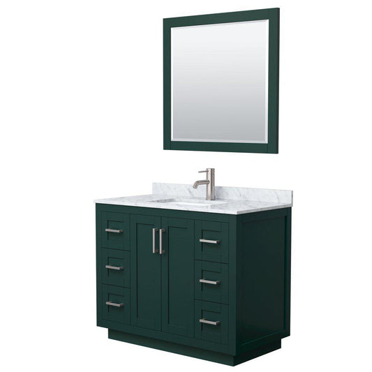 Wyndham Collection Miranda 42" Single Bathroom Green Vanity Set With White Carrara Marble Countertop, Undermount Square Sink, 34" Mirror And Brushed Nickel Trim