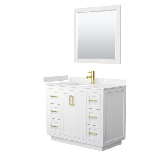 Wyndham Collection Miranda 42" Single Bathroom White Vanity Set With Light-Vein Carrara Cultured Marble Countertop, Undermount Square Sink, 34" Mirror And Brushed Gold Trim