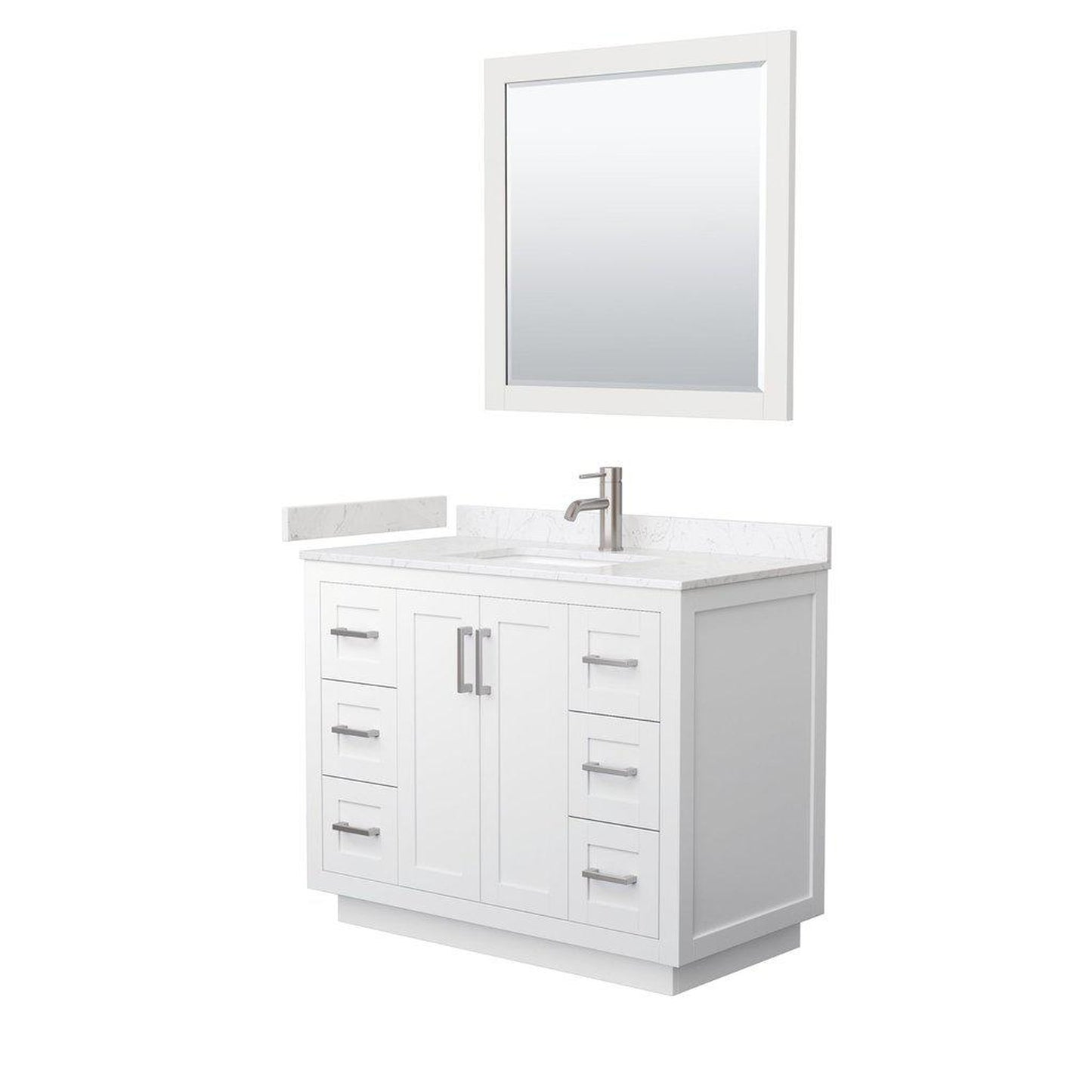 Wyndham Collection Miranda 42" Single Bathroom White Vanity Set With Light-Vein Carrara Cultured Marble Countertop, Undermount Square Sink, 34" Mirror And Brushed Nickel Trim