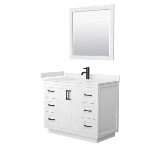 Wyndham Collection Miranda 42" Single Bathroom White Vanity Set With Light-Vein Carrara Cultured Marble Countertop, Undermount Square Sink, 34" Mirror And Matte Black Trim