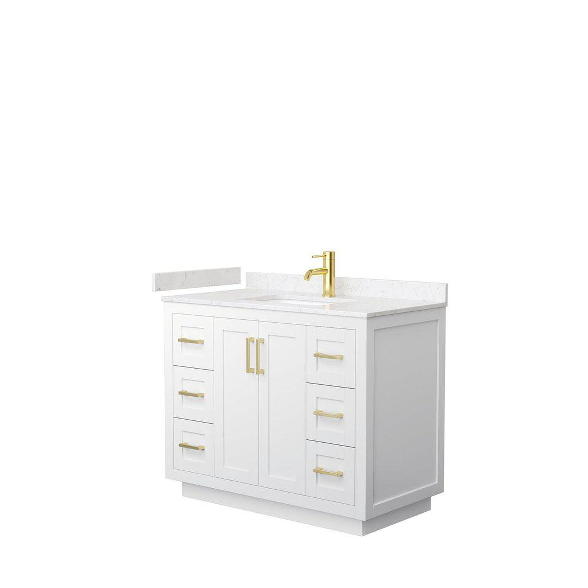 Wyndham Collection Miranda 42" Single Bathroom White Vanity Set With Light-Vein Carrara Cultured Marble Countertop, Undermount Square Sink, And Brushed Gold Trim