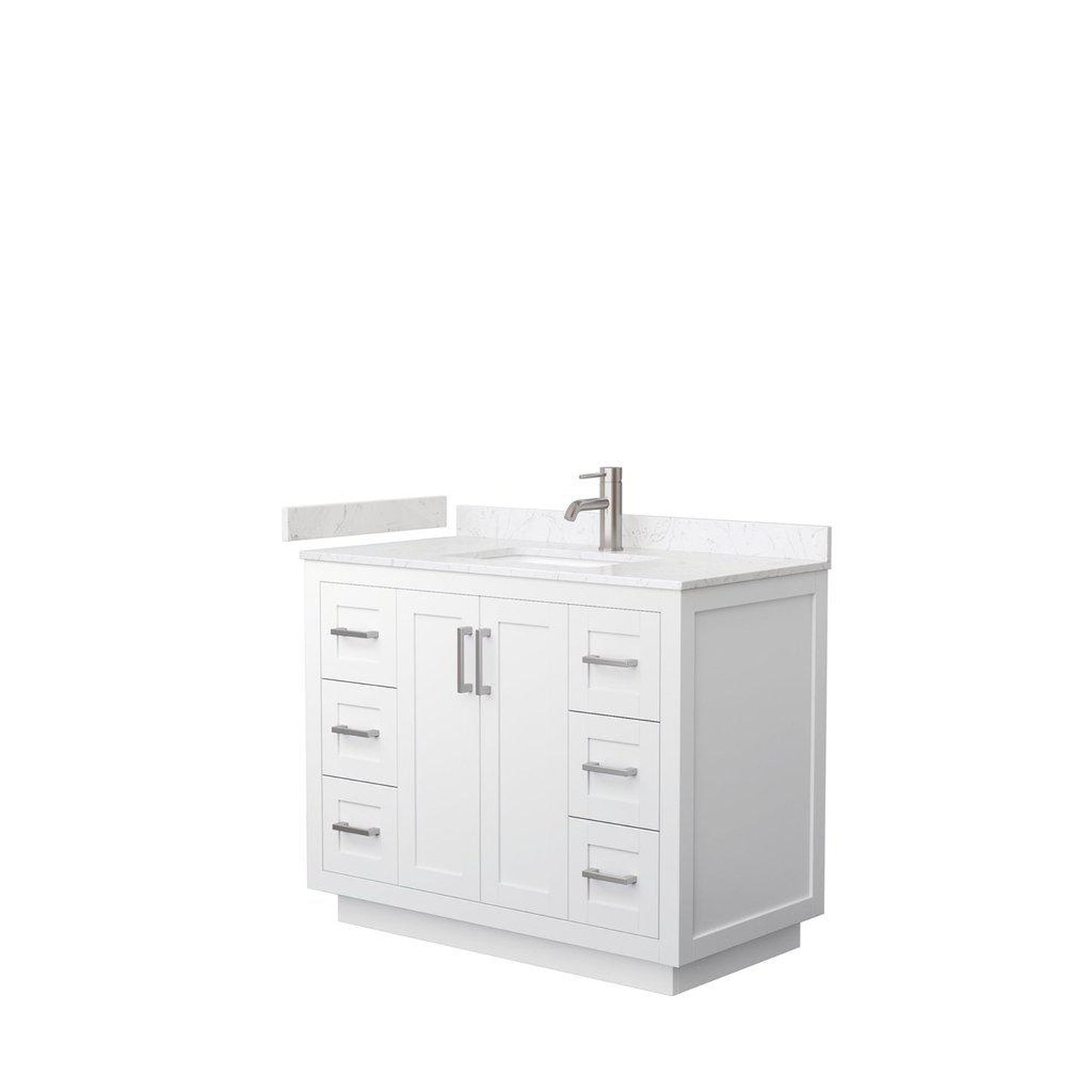 Wyndham Collection Miranda 42" Single Bathroom White Vanity Set With Light-Vein Carrara Cultured Marble Countertop, Undermount Square Sink, And Brushed Nickel Trim