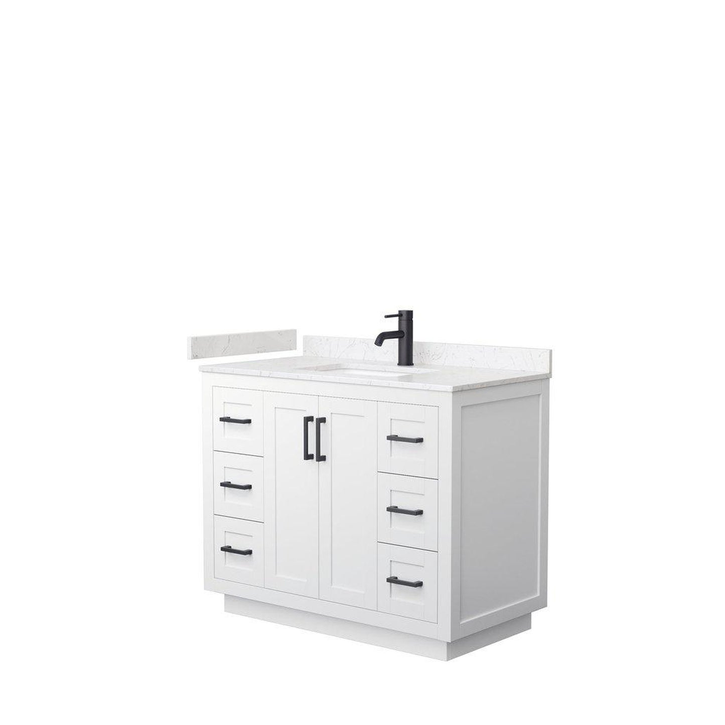 Wyndham Collection Miranda 42" Single Bathroom White Vanity Set With Light-Vein Carrara Cultured Marble Countertop, Undermount Square Sink, And Matte Black Trim