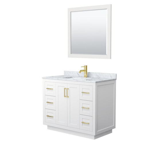 Wyndham Collection Miranda 42" Single Bathroom White Vanity Set With White Carrara Marble Countertop, Undermount Square Sink, 34" Mirror And Brushed Gold Trim