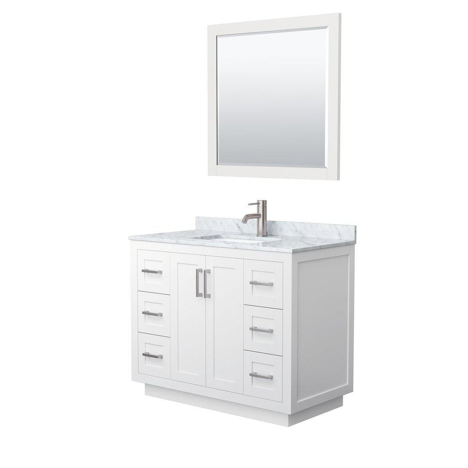 Wyndham Collection Miranda 42" Single Bathroom White Vanity Set With White Carrara Marble Countertop, Undermount Square Sink, 34" Mirror And Brushed Nickel Trim