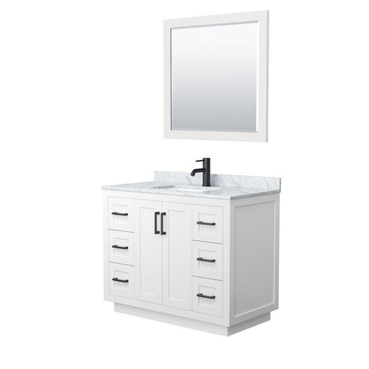 Wyndham Collection Miranda 42" Single Bathroom White Vanity Set With White Carrara Marble Countertop, Undermount Square Sink, 34" Mirror And Matte Black Trim