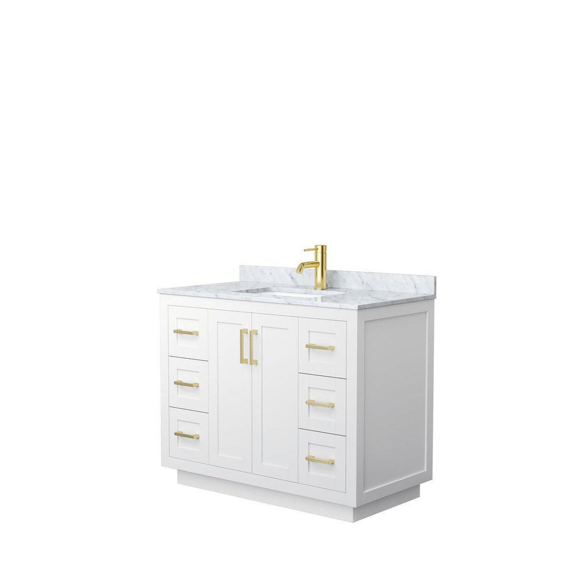 Wyndham Collection Miranda 42" Single Bathroom White Vanity Set With White Carrara Marble Countertop, Undermount Square Sink, And Brushed Gold Trim