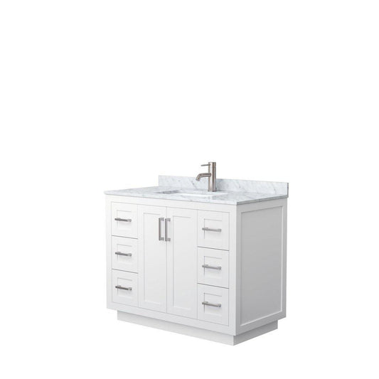 Wyndham Collection Miranda 42" Single Bathroom White Vanity Set With White Carrara Marble Countertop, Undermount Square Sink, And Brushed Nickel Trim