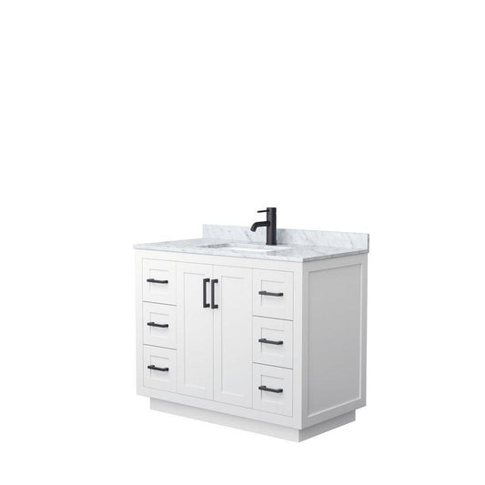 Wyndham Collection Miranda 42" Single Bathroom White Vanity Set With White Carrara Marble Countertop, Undermount Square Sink, And Matte Black Trim