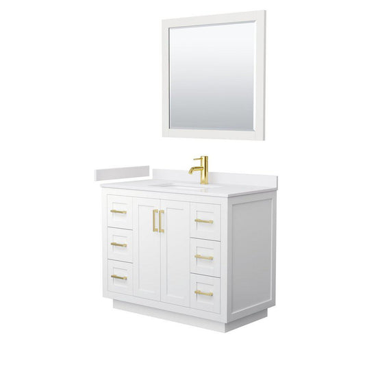 Wyndham Collection Miranda 42" Single Bathroom White Vanity Set With White Cultured Marble Countertop, Undermount Square Sink, 34" Mirror And Brushed Gold Trim