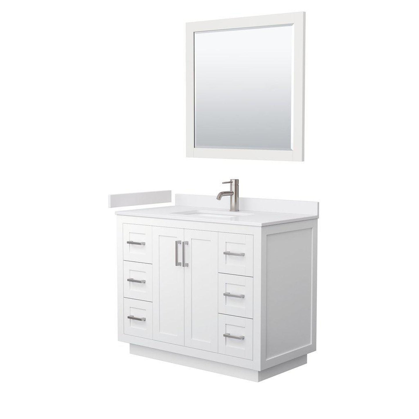 Wyndham Collection Miranda 42" Single Bathroom White Vanity Set With White Cultured Marble Countertop, Undermount Square Sink, 34" Mirror And Brushed Nickel Trim