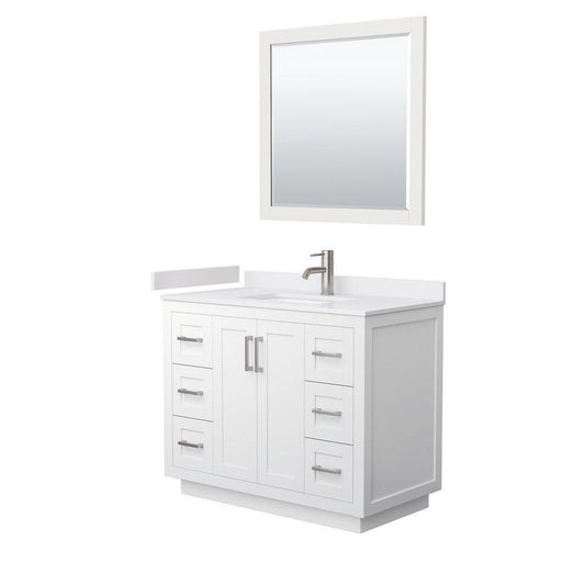 Wyndham Collection Miranda 42" Single Bathroom White Vanity Set With White Cultured Marble Countertop, Undermount Square Sink, 34" Mirror And Brushed Nickel Trim