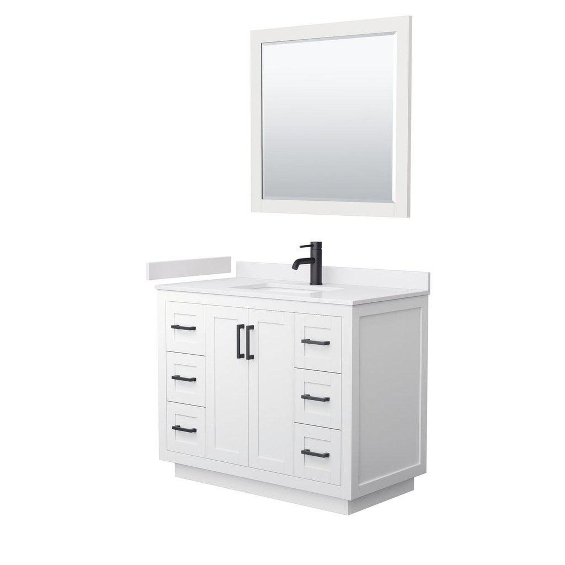 Wyndham Collection Miranda 42" Single Bathroom White Vanity Set With White Cultured Marble Countertop, Undermount Square Sink, 34" Mirror And Matte Black Trim