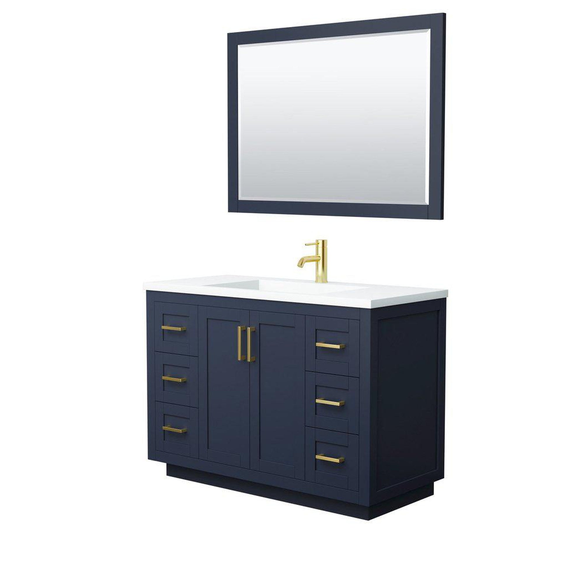 Wyndham Collection Miranda 48" Single Bathroom Dark Blue Vanity Set With 1.25" Thick Matte White Solid Surface Countertop, Integrated Sink, 46" Mirror And Brushed Gold Trim