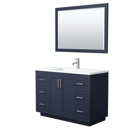 Wyndham Collection Miranda 48" Single Bathroom Dark Blue Vanity Set With 1.25" Thick Matte White Solid Surface Countertop, Integrated Sink, 46" Mirror And Brushed Nickel Trim